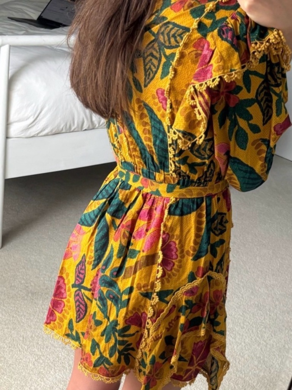 Farm Rio Yellow Pink Ruffle Wrap Mini Dress - Picture 2 of 7